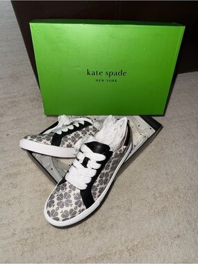 kate spade white & black coated canvas Erin Spade Flower sneakers